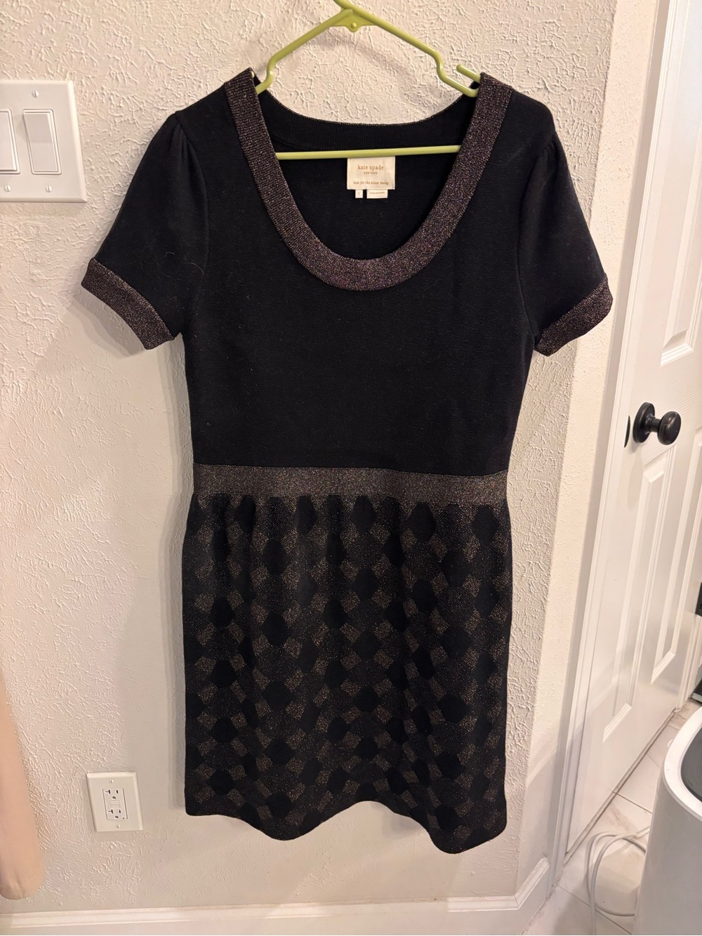 kate spade Black Knit Short-Sleeve Dress with Metallic Bronze / Gold Trim